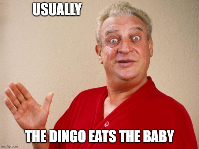 Rodney Dangerfield For Pres | USUALLY THE DINGO EATS THE BABY | image tagged in rodney dangerfield for pres | made w/ Imgflip meme maker