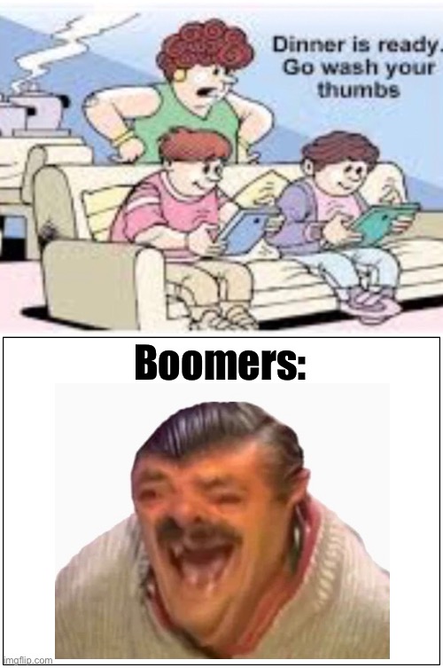 Sorry for blur. Picture didn’t really load in. | Boomers: | image tagged in memes,blank comic panel 1x2 | made w/ Imgflip meme maker