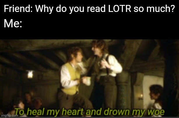 To heal my heart and drown my woe | Friend: Why do you read LOTR so much? Me: | image tagged in to heal my heart and drown my woe,lord of the rings,the lord of the rings | made w/ Imgflip meme maker