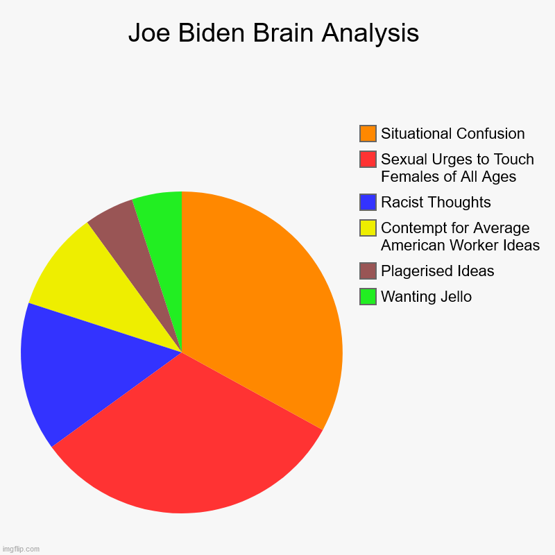 Biden thoughts | Joe Biden Brain Analysis | Wanting Jello, Plagerised Ideas, Contempt for Average American Worker Ideas, Racist Thoughts, Sexual Urges to Tou | image tagged in charts,pie charts | made w/ Imgflip chart maker