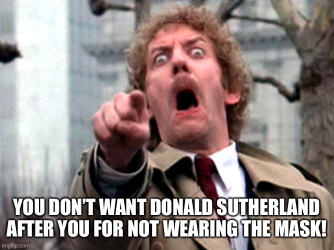 Donald Sutherland Invasion of the Body Snatchers | YOU DON’T WANT DONALD SUTHERLAND AFTER YOU FOR NOT WEARING THE MASK! | image tagged in donald sutherland invasion of the body snatchers | made w/ Imgflip meme maker