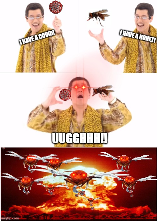 I HAVE A HONET! I HAVE A COVID! UUGGHHH!! | image tagged in funny,covid-19,pineapple,murder hornet | made w/ Imgflip meme maker