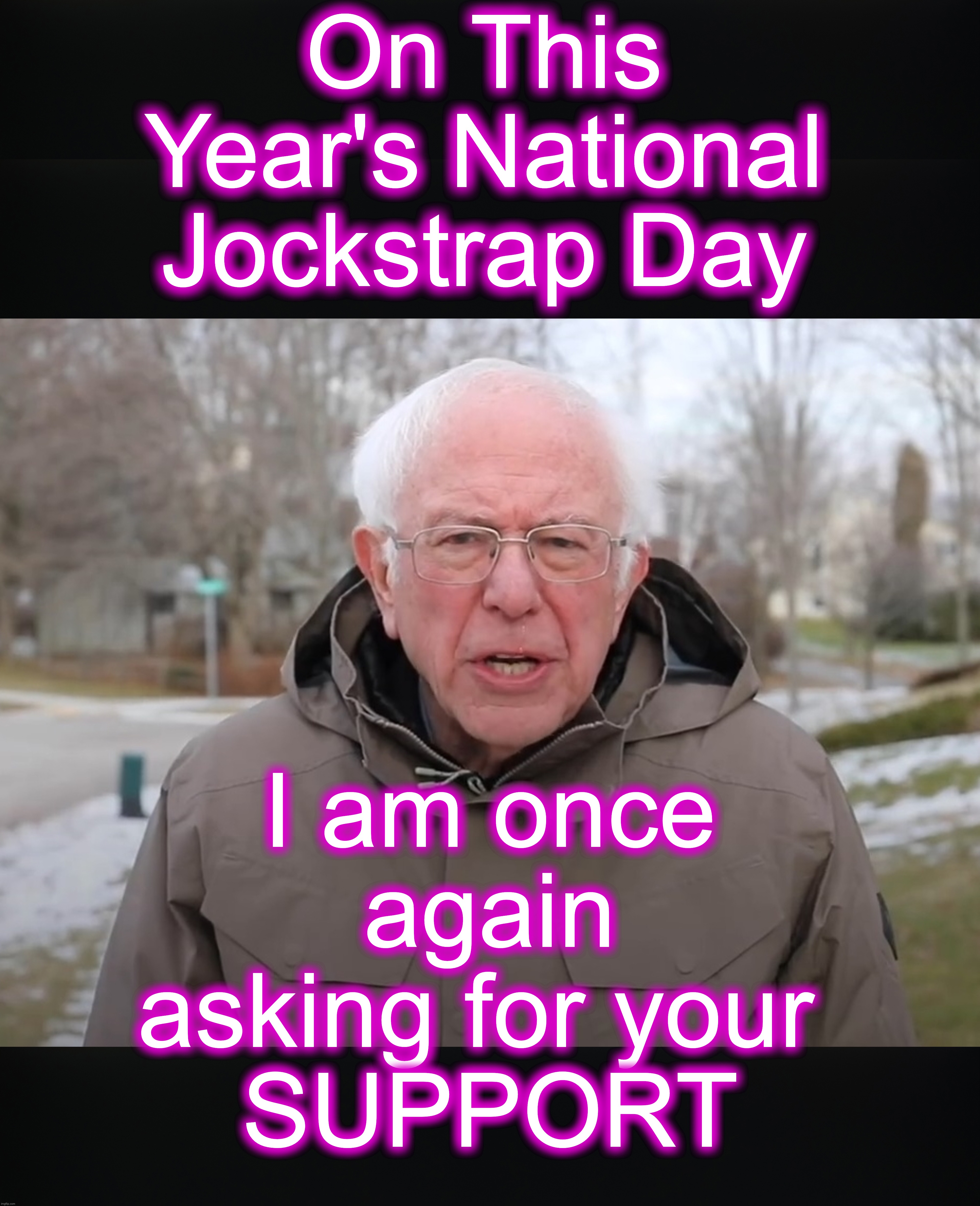 On This Year's National Jockstrap Day; I am once again asking for your 
SUPPORT | image tagged in bernie sanders once again asking | made w/ Imgflip meme maker