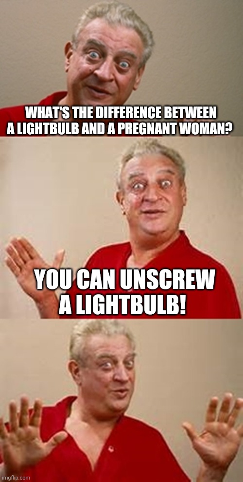 Am I wrong? | WHAT'S THE DIFFERENCE BETWEEN A LIGHTBULB AND A PREGNANT WOMAN? YOU CAN UNSCREW A LIGHTBULB! | image tagged in bad pun dangerfield,lightbulb,pregnant woman,dirty joke,funny | made w/ Imgflip meme maker