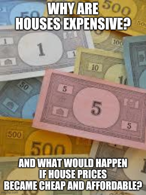 Monopoly Money | WHY ARE HOUSES EXPENSIVE? AND WHAT WOULD HAPPEN IF HOUSE PRICES BECAME CHEAP AND AFFORDABLE? | image tagged in monopoly money | made w/ Imgflip meme maker