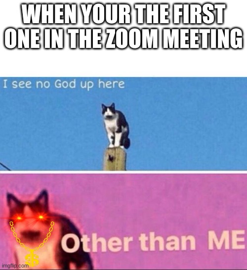 I see no god up here | WHEN YOUR THE FIRST ONE IN THE ZOOM MEETING | image tagged in i see no god up here | made w/ Imgflip meme maker