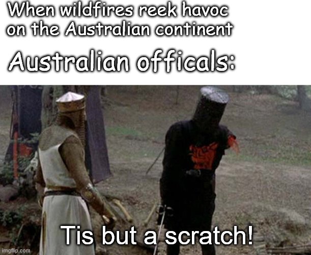 Tis but a scratch | When wildfires reek havoc on the Australian continent; Australian officals:; Tis but a scratch! | image tagged in tis but a scratch | made w/ Imgflip meme maker