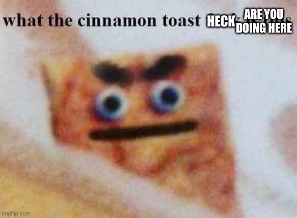 what the cinnamon toast f^%$ is this | HECK ARE YOU DOING HERE | image tagged in what the cinnamon toast f is this | made w/ Imgflip meme maker