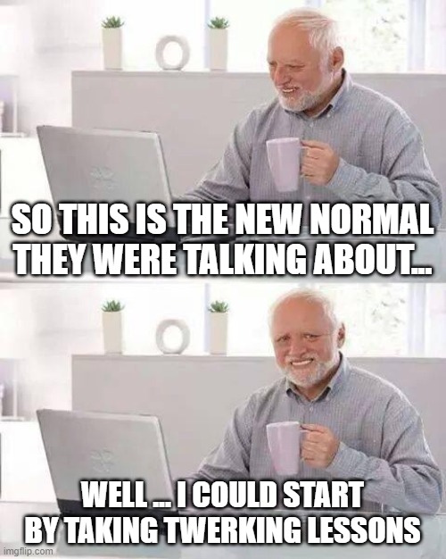 Hide the Pain Harold Meme | SO THIS IS THE NEW NORMAL THEY WERE TALKING ABOUT... WELL ... I COULD START BY TAKING TWERKING LESSONS | image tagged in memes,hide the pain harold,new normal,normalize,gender identity,gender confusion | made w/ Imgflip meme maker