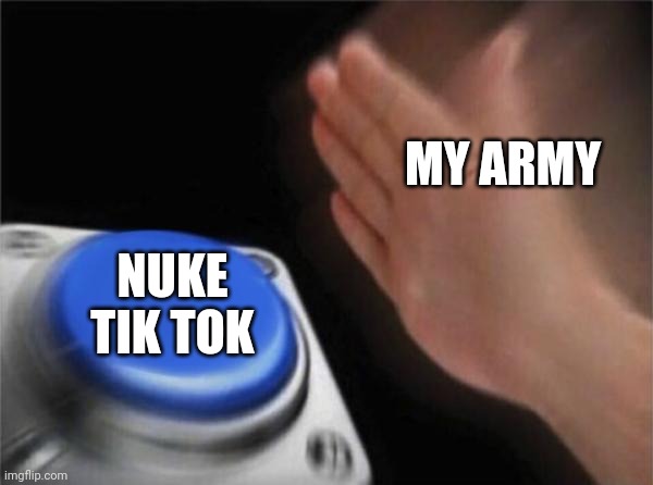 DESTROY TIK TOK'S EXISTENCE, NOW!!!!! | MY ARMY; NUKE TIK TOK | image tagged in memes,blank nut button | made w/ Imgflip meme maker