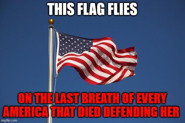 US Flag | THIS FLAG FLIES; ON THE LAST BREATH OF EVERY AMERICA THAT DIED DEFENDING HER | image tagged in us flag | made w/ Imgflip meme maker