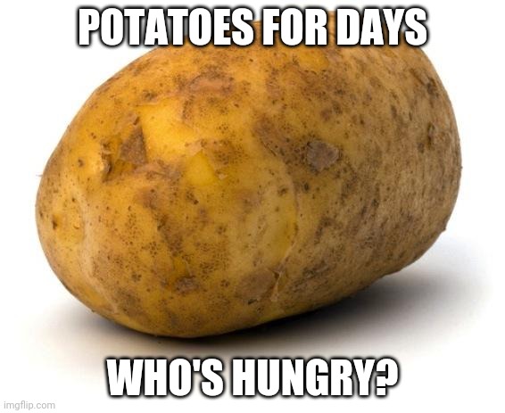 I am a potato | POTATOES FOR DAYS; WHO'S HUNGRY? | image tagged in i am a potato | made w/ Imgflip meme maker