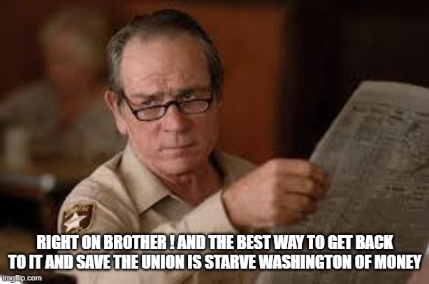 no country for old men tommy lee jones | RIGHT ON BROTHER ! AND THE BEST WAY TO GET BACK TO IT AND SAVE THE UNION IS STARVE WASHINGTON OF MONEY | image tagged in no country for old men tommy lee jones | made w/ Imgflip meme maker