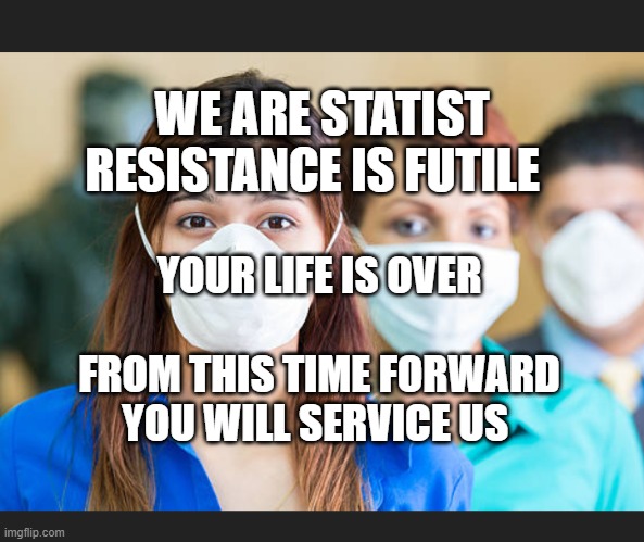 People wearing flu masks | WE ARE STATIST RESISTANCE IS FUTILE; YOUR LIFE IS OVER                   FROM THIS TIME FORWARD YOU WILL SERVICE US | image tagged in people wearing flu masks | made w/ Imgflip meme maker