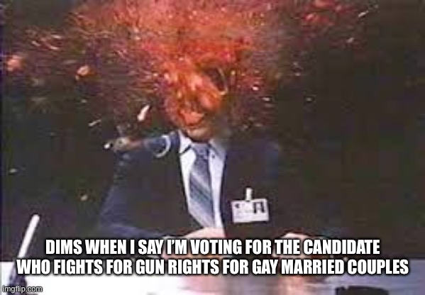Heads will pop everywhere | DIMS WHEN I SAY I’M VOTING FOR THE CANDIDATE WHO FIGHTS FOR GUN RIGHTS FOR GAY MARRIED COUPLES | image tagged in exploding head | made w/ Imgflip meme maker