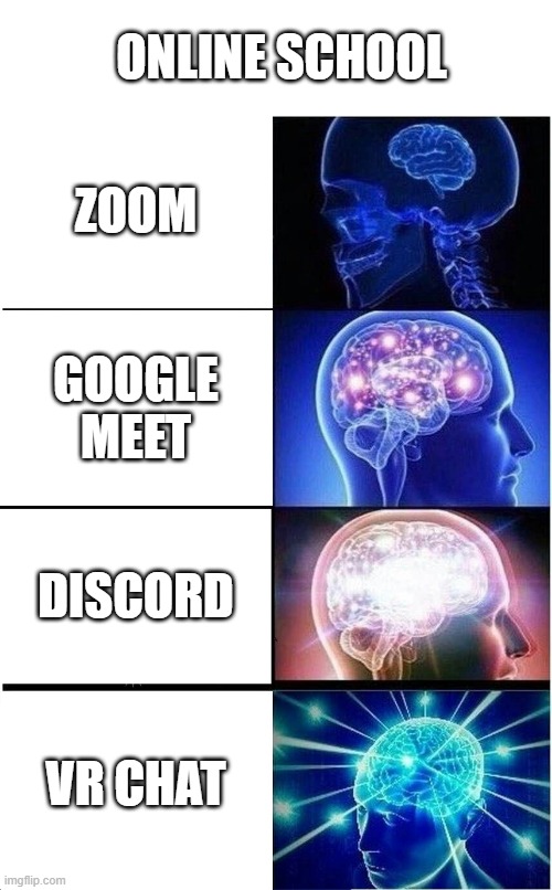 online school | ONLINE SCHOOL; ZOOM; GOOGLE MEET; DISCORD; VR CHAT | image tagged in memes,expanding brain | made w/ Imgflip meme maker