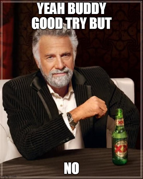 The Most Interesting Man In The World Meme | YEAH BUDDY GOOD TRY BUT; NO | image tagged in memes,the most interesting man in the world | made w/ Imgflip meme maker