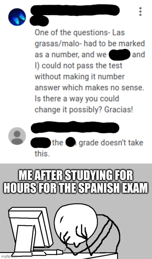 Yes, my icon is a butterfly, and yes, I am forced to take Spanish. | ME AFTER STUDYING FOR HOURS FOR THE SPANISH EXAM | image tagged in memes,computer guy facepalm | made w/ Imgflip meme maker
