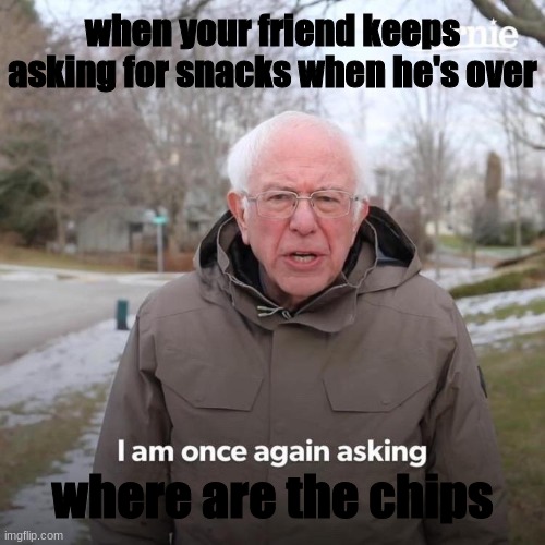 bernie asking for snacks | when your friend keeps asking for snacks when he's over; where are the chips | image tagged in memes,bernie i am once again asking for your support | made w/ Imgflip meme maker