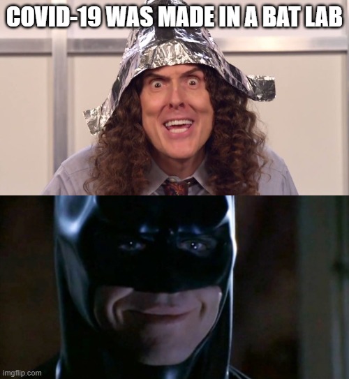 The villain revealed | COVID-19 WAS MADE IN A BAT LAB | image tagged in memes,batman smiles,weird al yankovic tinfoil hat | made w/ Imgflip meme maker