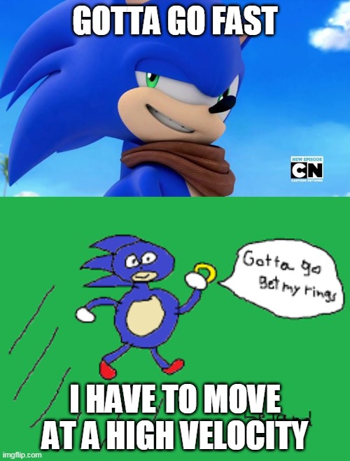 GOTTA GO FAST; I HAVE TO MOVE AT A HIGH VELOCITY | image tagged in sonic meme | made w/ Imgflip meme maker