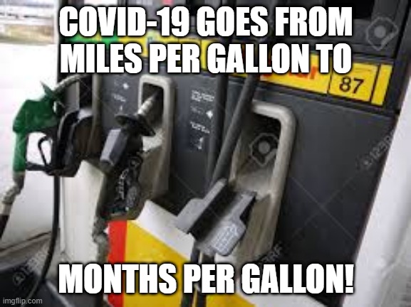 Covid-19 gas pump | COVID-19 GOES FROM MILES PER GALLON TO; MONTHS PER GALLON! | image tagged in gas pump,fuel | made w/ Imgflip meme maker