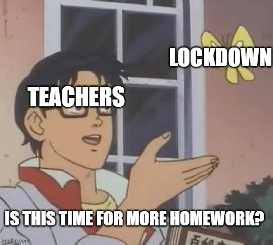 This happening right now. | LOCKDOWN; TEACHERS; IS THIS TIME FOR MORE HOMEWORK? | image tagged in memes,is this a pigeon,school,lockdown,covid-19 | made w/ Imgflip meme maker