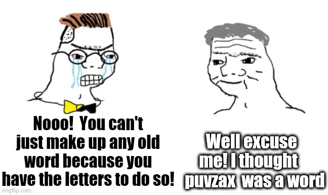 When your SCRABBLE opponent tries to cheat with a word that doesn't exist. Puvzax? Really?? | Well excuse me! I thought  
  puvzax  was a word; Nooo!  You can't just make up any old word because you have the letters to do so! | image tagged in noooo you can't just,scrabble | made w/ Imgflip meme maker