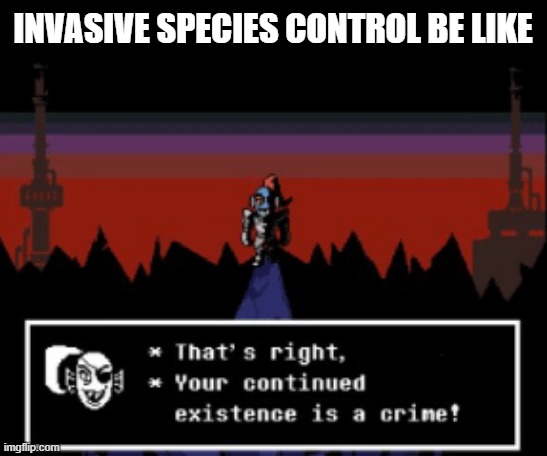 If Undyne was a conservation officer |  INVASIVE SPECIES CONTROL BE LIKE | image tagged in undertale,undyne,invasive species,conservation,wildlife,forestry | made w/ Imgflip meme maker