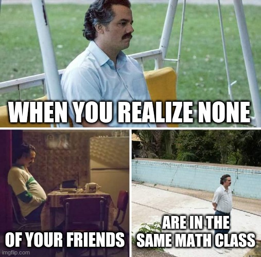 Sad Pablo Escobar | WHEN YOU REALIZE NONE; OF YOUR FRIENDS; ARE IN THE SAME MATH CLASS | image tagged in memes,sad pablo escobar | made w/ Imgflip meme maker