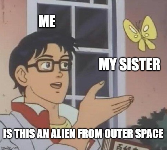 Is This A Pigeon Meme | ME; MY SISTER; IS THIS AN ALIEN FROM OUTER SPACE | image tagged in memes,is this a pigeon | made w/ Imgflip meme maker
