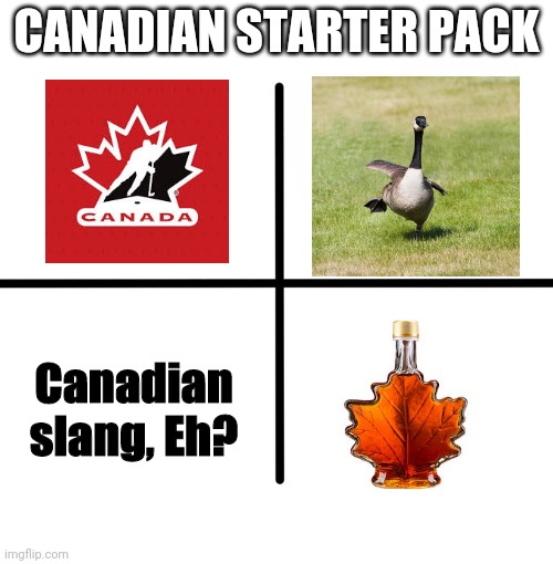 What else needs to be said | CANADIAN STARTER PACK; Canadian slang, Eh? | image tagged in memes,blank starter pack,canada,maple syrup,hockey,geese | made w/ Imgflip meme maker