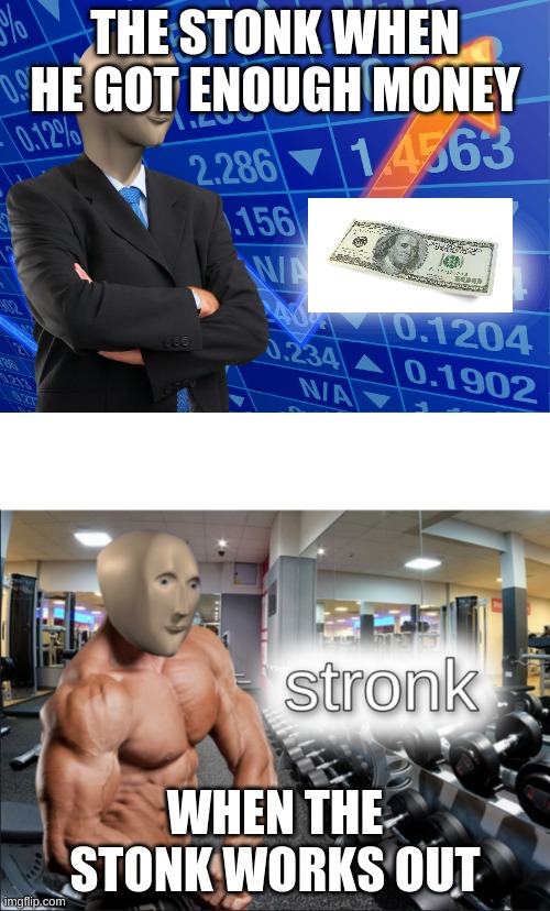 STONKS!!! | THE STONK WHEN HE GOT ENOUGH MONEY; WHEN THE STONK WORKS OUT | image tagged in empty stonks,stronks | made w/ Imgflip meme maker