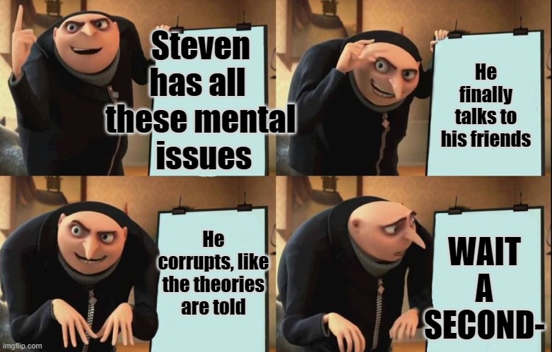 okayyyyyyyy then ._. | Steven
has all 
these mental
 issues; He finally talks to his friends; WAIT A SECOND-; He corrupts, like the theories are told | image tagged in despicable me diabolical plan gru template,steven universe | made w/ Imgflip meme maker