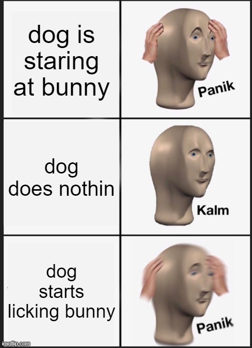Panik Kalm Panik Meme | dog is staring at bunny; dog does nothin; dog starts licking bunny | image tagged in memes,panik kalm panik | made w/ Imgflip meme maker