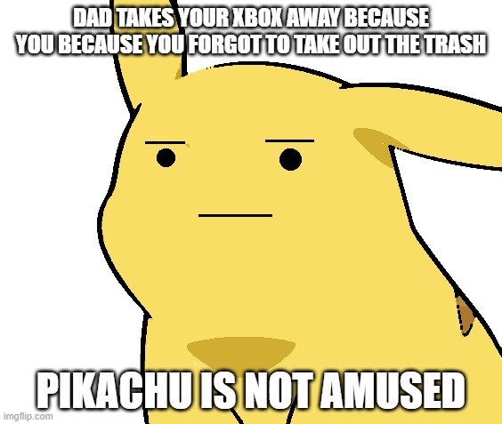 Pikachu Is Not Amused | DAD TAKES YOUR XBOX AWAY BECAUSE YOU BECAUSE YOU FORGOT TO TAKE OUT THE TRASH; PIKACHU IS NOT AMUSED | image tagged in pikachu is not amused | made w/ Imgflip meme maker