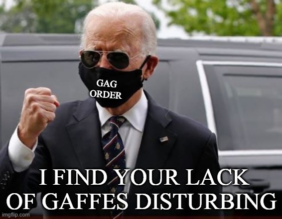 Best Campaign move YET! | GAG ORDER; I FIND YOUR LACK OF GAFFES DISTURBING | image tagged in biden with mask,face mask,covid-19,conservatives,biden,donald trump | made w/ Imgflip meme maker