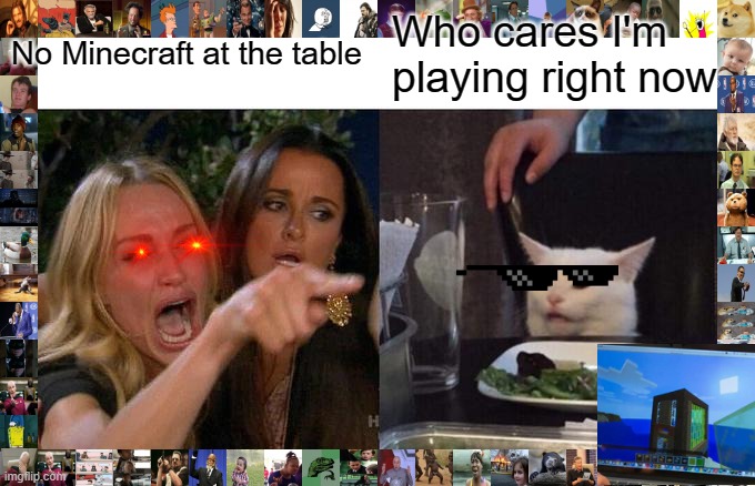 Woman Yelling At Cat | No Minecraft at the table; Who cares I'm playing right now | image tagged in memes,woman yelling at cat | made w/ Imgflip meme maker