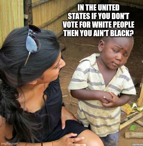 black kid | IN THE UNITED STATES IF YOU DON'T VOTE FOR WHITE PEOPLE THEN YOU AIN'T BLACK? | image tagged in black kid | made w/ Imgflip meme maker
