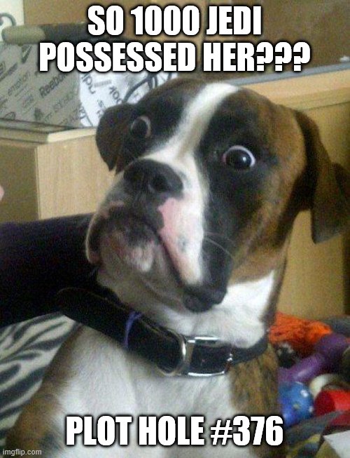 Blankie the Shocked Dog | SO 1000 JEDI POSSESSED HER??? PLOT HOLE #376 | image tagged in blankie the shocked dog | made w/ Imgflip meme maker