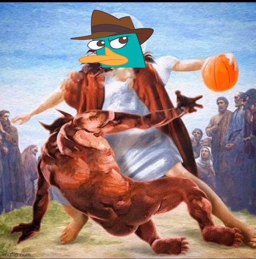 A platypus? PERRY THE PLATYPUS? | image tagged in jesus vs satan in basketball | made w/ Imgflip meme maker