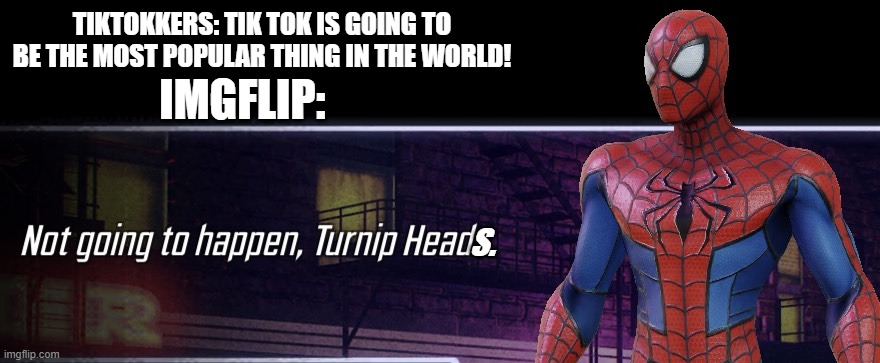 Exactly!!!  Tik Tok is lame!!!! | TIKTOKKERS: TIK TOK IS GOING TO BE THE MOST POPULAR THING IN THE WORLD! IMGFLIP:; S. | image tagged in not going to happen turnip head,imgflip,tik tok | made w/ Imgflip meme maker