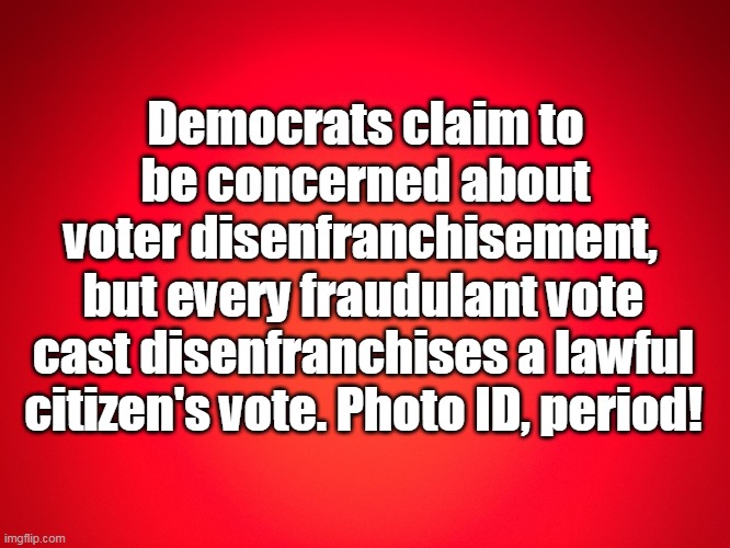 Photo ID | Democrats claim to be concerned about voter disenfranchisement, but every fraudulant vote cast disenfranchises a lawful citizen's vote. Photo ID, period! | image tagged in red background | made w/ Imgflip meme maker