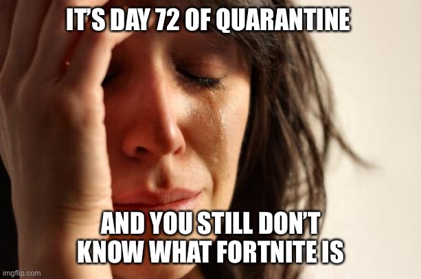 First World Problems | IT’S DAY 72 OF QUARANTINE; AND YOU STILL DON’T KNOW WHAT FORTNITE IS | image tagged in memes,first world problems | made w/ Imgflip meme maker