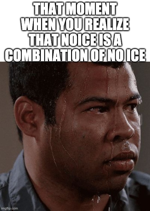 no ice | THAT MOMENT WHEN YOU REALIZE THAT NOICE IS A COMBINATION OF NO ICE | image tagged in blank white template,sweaty tryhard,no ice,noice | made w/ Imgflip meme maker