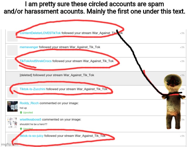 I am pretty sure these circled accounts are spam and/or harassment acounts. Mainly the first one under this text. | image tagged in e | made w/ Imgflip meme maker