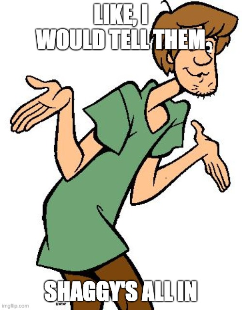 Shaggy from Scooby Doo | LIKE, I WOULD TELL THEM SHAGGY'S ALL IN | image tagged in shaggy from scooby doo | made w/ Imgflip meme maker