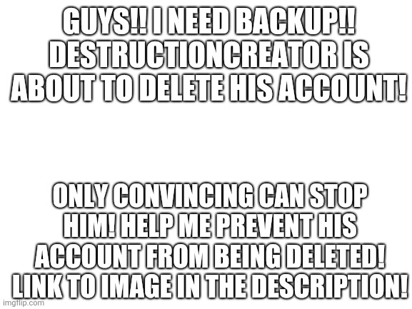 Please help! | GUYS!! I NEED BACKUP!!
DESTRUCTIONCREATOR IS ABOUT TO DELETE HIS ACCOUNT! ONLY CONVINCING CAN STOP HIM! HELP ME PREVENT HIS ACCOUNT FROM BEING DELETED!
LINK TO IMAGE IN THE DESCRIPTION! | image tagged in blank white template | made w/ Imgflip meme maker