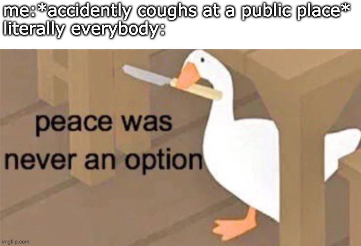 It wasn't ever | me:*accidently coughs at a public place*
literally everybody: | image tagged in untitled goose peace was never an option | made w/ Imgflip meme maker