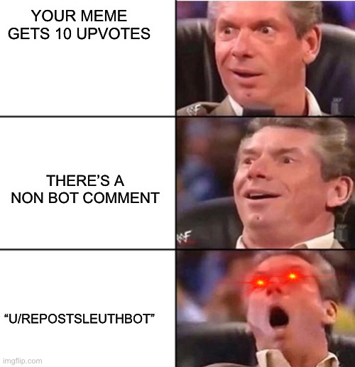 Only redditors understand |  YOUR MEME GETS 10 UPVOTES; THERE’S A NON BOT COMMENT; “U/REPOSTSLEUTHBOT” | image tagged in vince mcmahon | made w/ Imgflip meme maker